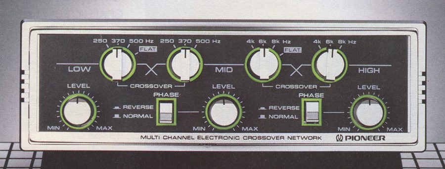 Pioneer multi-channel electronic crossover network with low, mid, high controls for level, crossover, and phase adjustments.