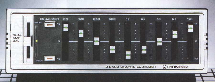 Pioneer 9-band graphic equalizer with frequency sliders from 60Hz to 16kHz and dual amplifier balance controls.