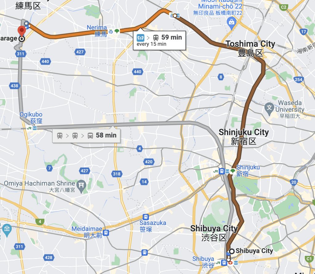 Route map in Tokyo showing travel from Nerima City Garage to Toshima, Shinjuku, and Shibuya with time duration for each leg.