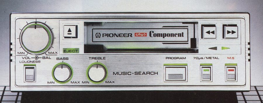 Vintage Pioneer car stereo with music search, volume, bass, treble controls, and tape cassette deck for high-quality audio.