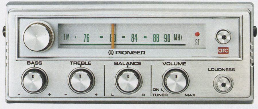 Vintage Pioneer car radio with FM tuner, volume, balance, bass, treble, and loudness controls, silver design.