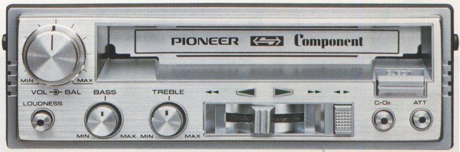 Retro Pioneer car stereo with volume, bass, treble controls, cassette tape deck, and LOUDNESS and CrO2 labels.