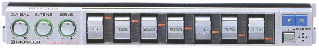 Vintage Pioneer EQ-003 equalizer with frequency sliders (60 Hz to 10 kHz) and balance, intensity, and sensitivity controls.