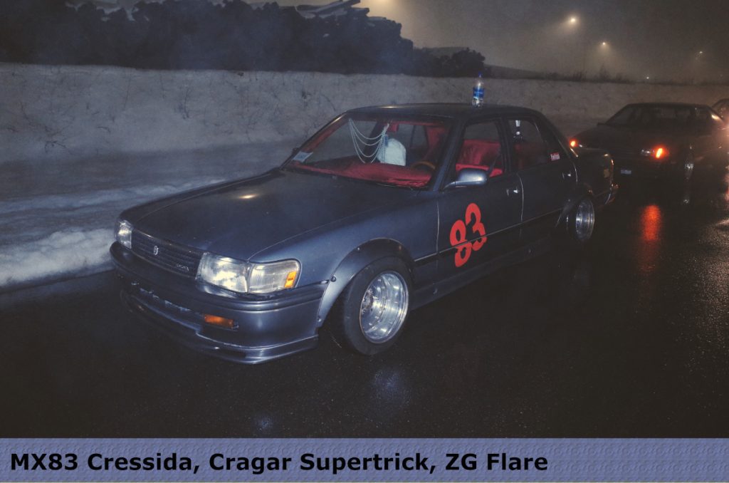 MX83 Toyota Cressida with Cragar Supertrick wheels and ZG flares, number 83 on a nighttime road.
