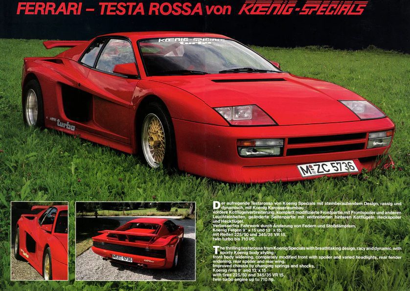 Red Ferrari Testarossa tuned by Koenig Specials with aerodynamic enhancements and gold wheels, parked on a grassy field.