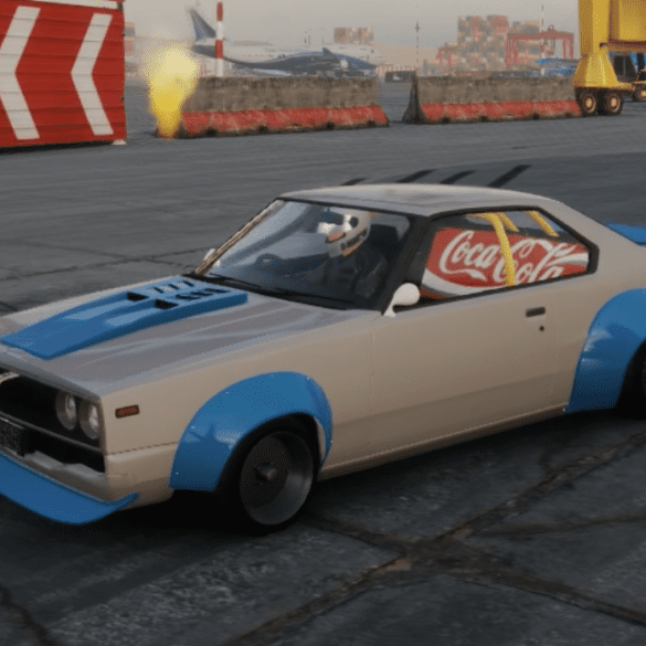 Modified vintage car with Coca-Cola banner on the side at an industrial area, painted in blue and white.
