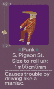 Cartoon punk character in red outfit, featured in game with stats on rolling size and behavior description.