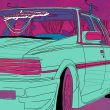 Alt text: Vibrant illustration of a customized car with 'Moonlight Runners' banner, adorned with beads, set against a pink-purple sky.No Japanese text is present in the image that needs translation.