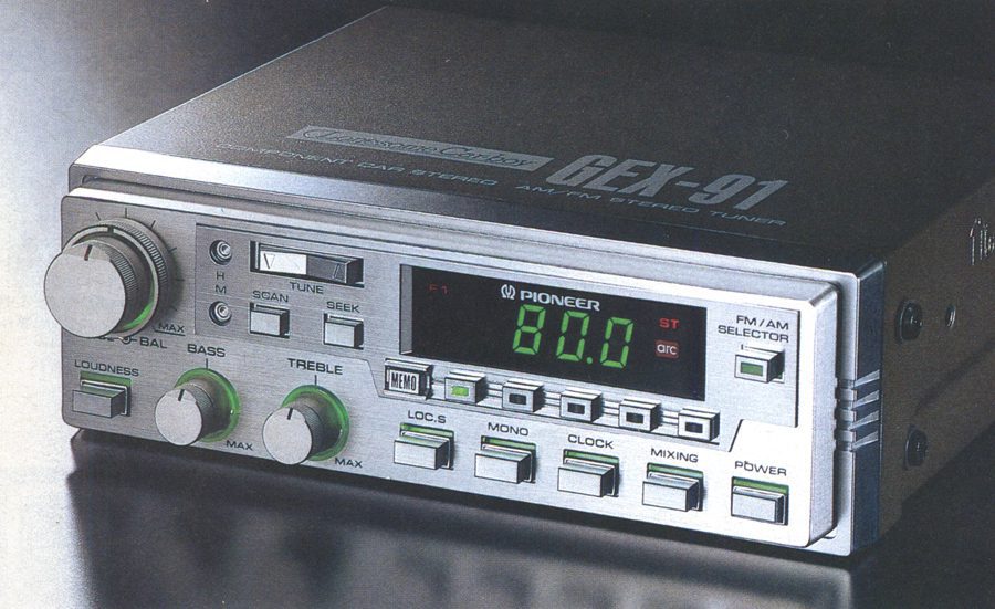 Vintage Pioneer GEX-91 AM/FM stereo tuner with digital display and control knobs for car audio systems.