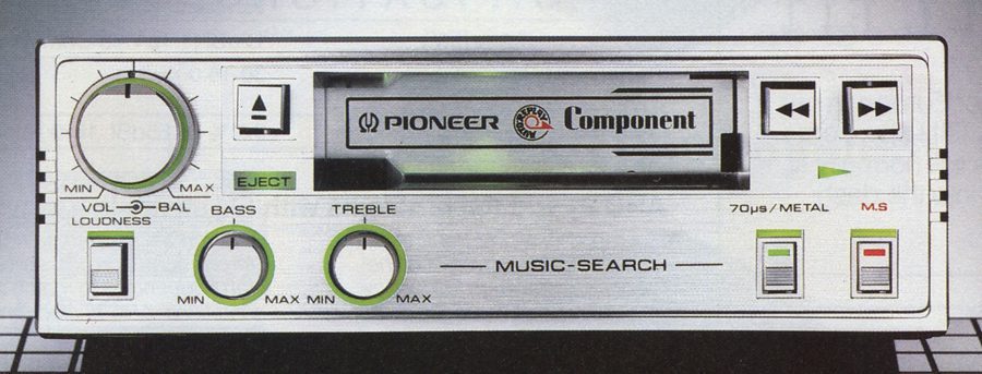 Vintage Pioneer cassette player with bass, treble, and volume controls. Features music search and tape eject buttons.