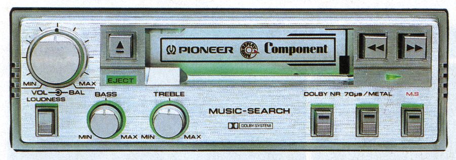 Vintage Pioneer cassette player with music search, Dolby system, and bass/treble controls. Japanese Eject button text.