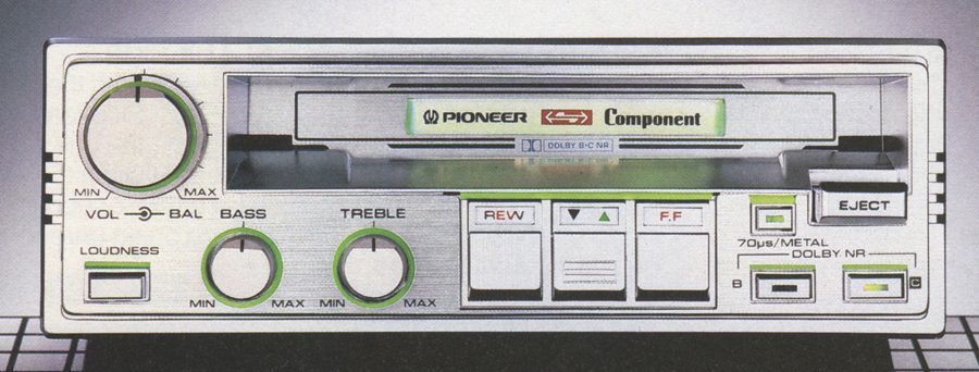 Vintage Pioneer car stereo cassette deck with volume, balance, bass, and treble controls, features loudness and Dolby NR.