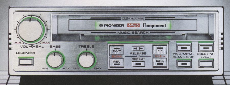 Vintage Pioneer cassette player with volume, bass, treble controls, Dolby system, music search, and various playback functions.