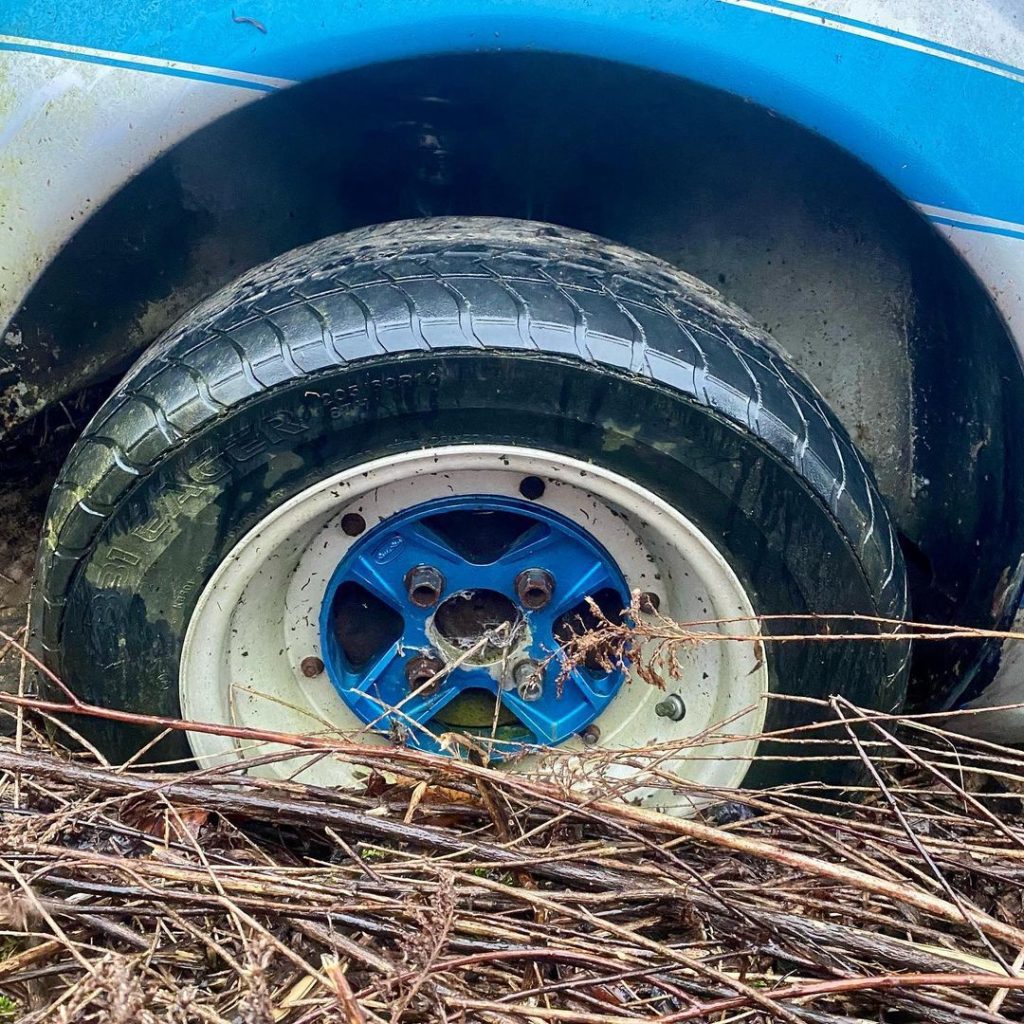 Close-up of a muddy car wheel with a blue and white rim, surrounded by dry leaves and branches.