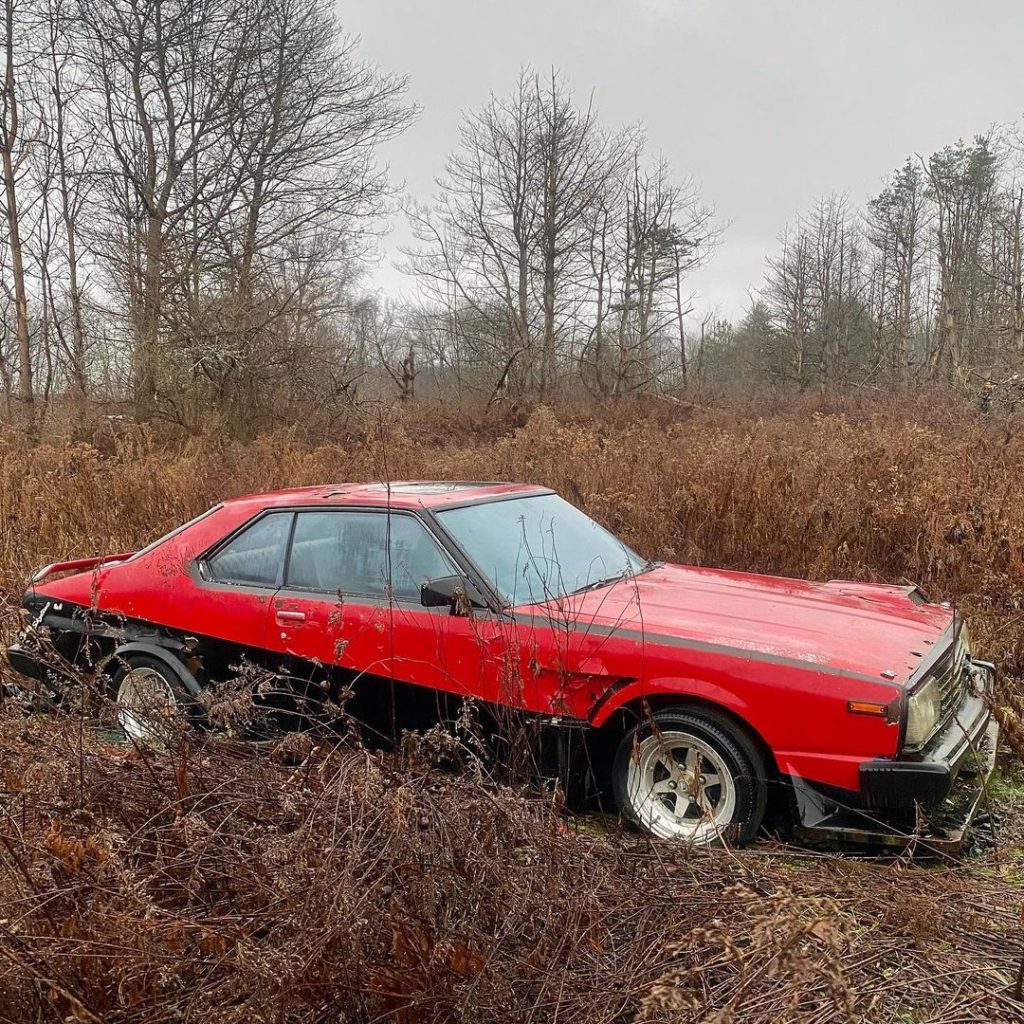 Vintage red Japanese coupe abandoned in a forest clearing, surrounded by dry foliage and leafless trees.