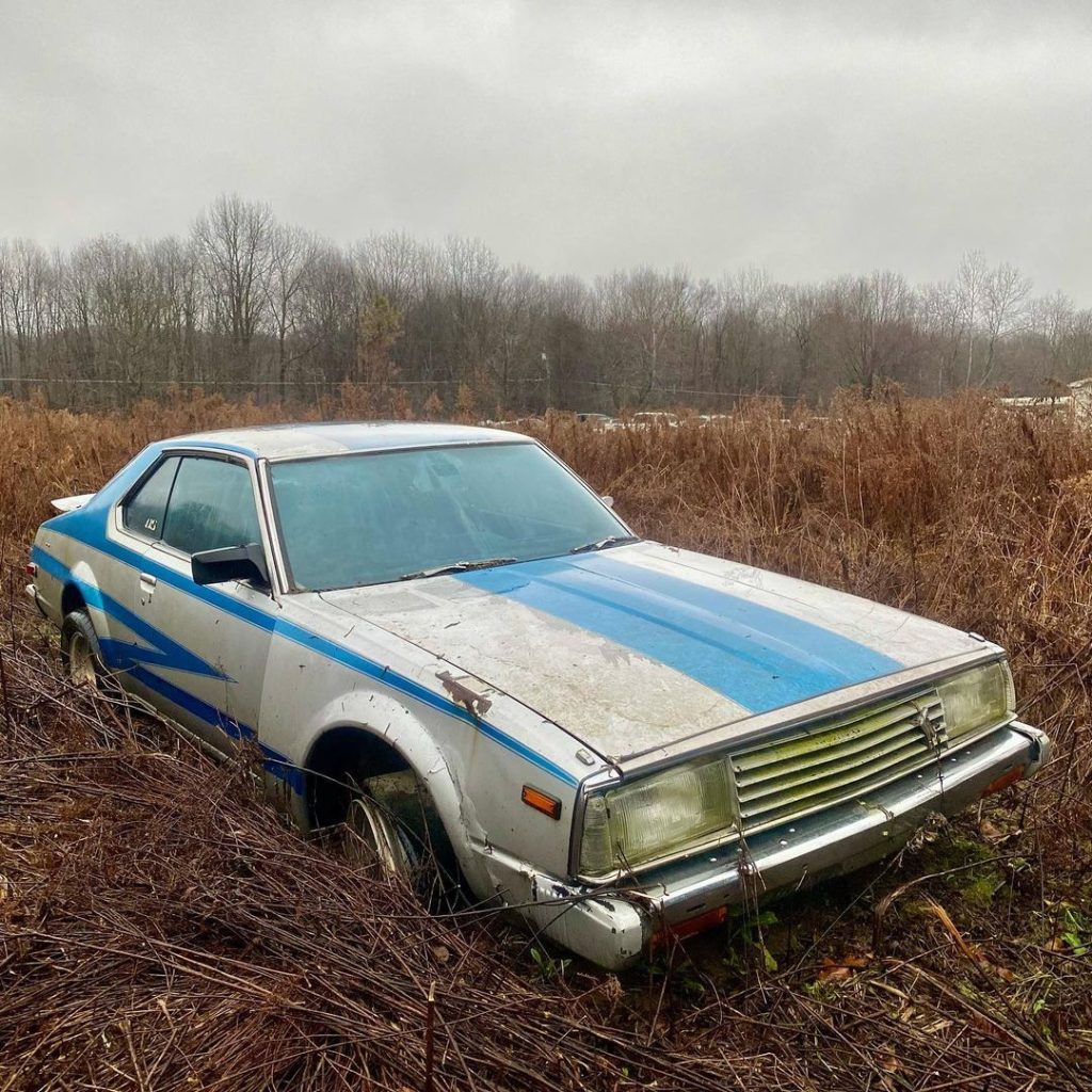 Abandoned vintage car with blue stripes sits in overgrown field. Japanese word セルシオ (Celsior) on door panel.