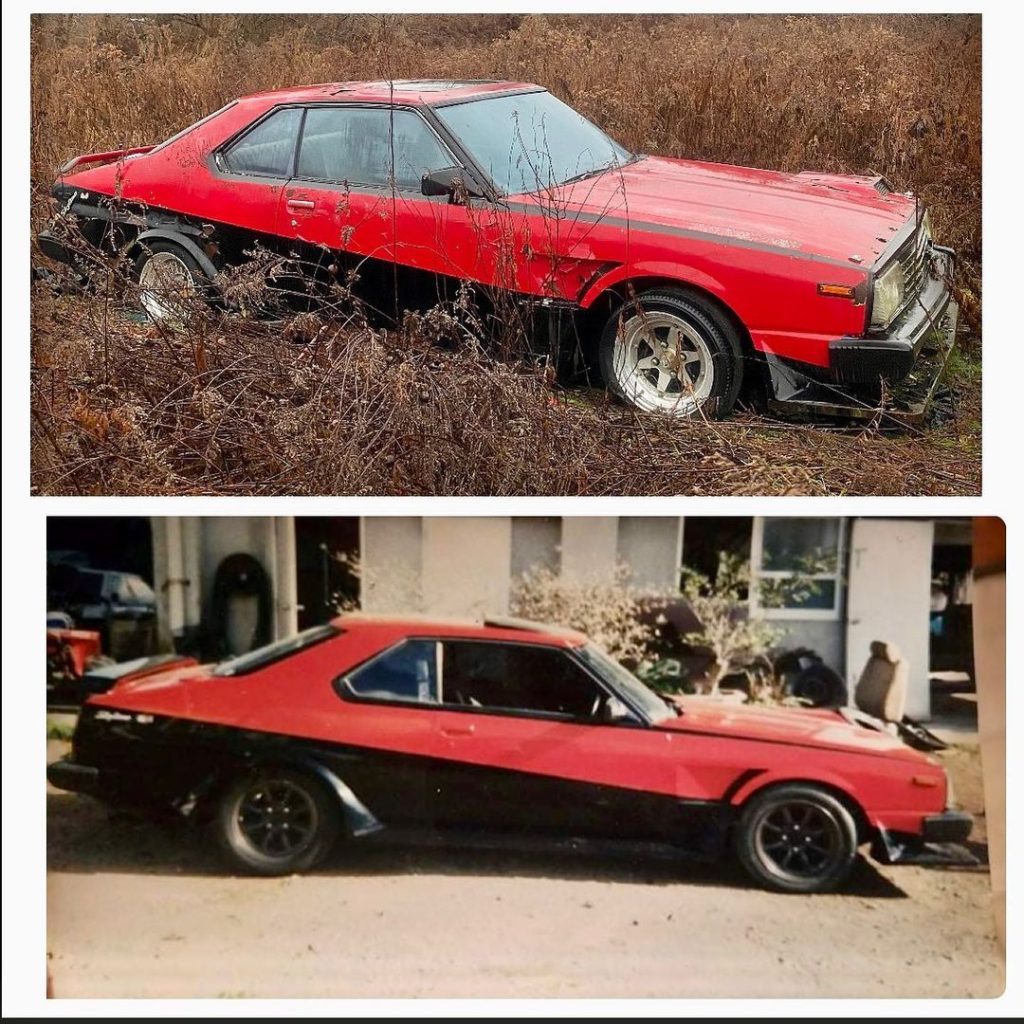 Two images of a classic red Toyota Celica, the top one abandoned in a field, the bottom one restored and parked by a house.