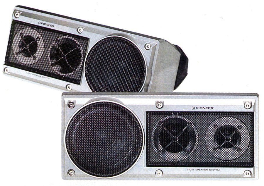 Vintage Pioneer 3-Way Speaker System, dual speakers, silver and black design, high-quality audio equipment.