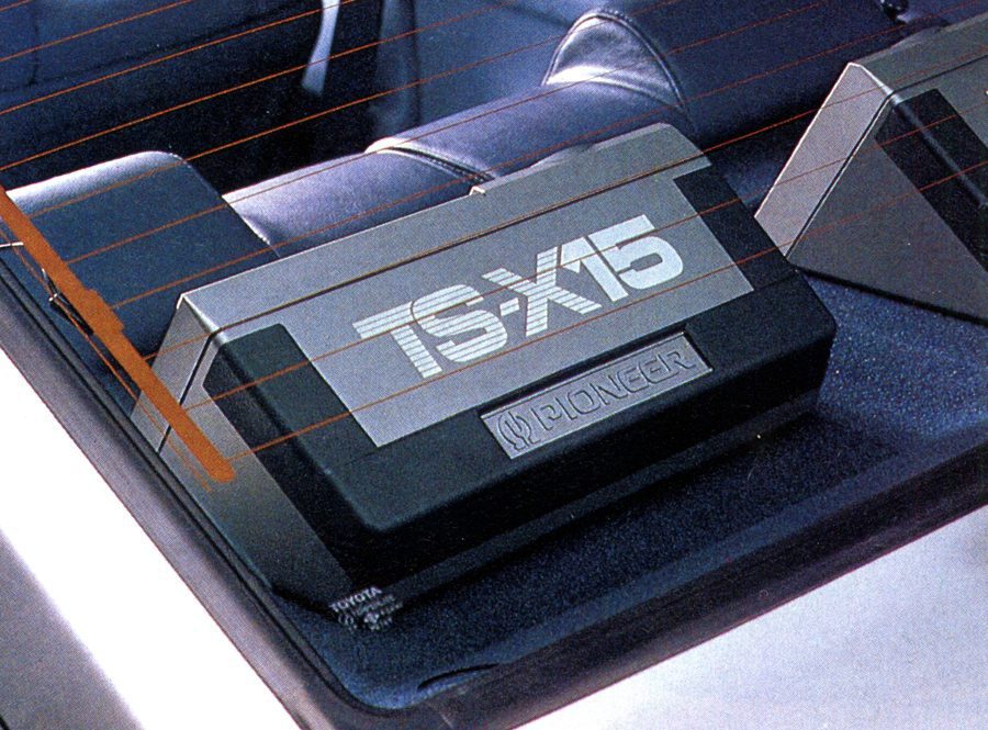 Pioneer TS-X15 car audio speaker system mounted in the back seat of a Toyota vehicle.