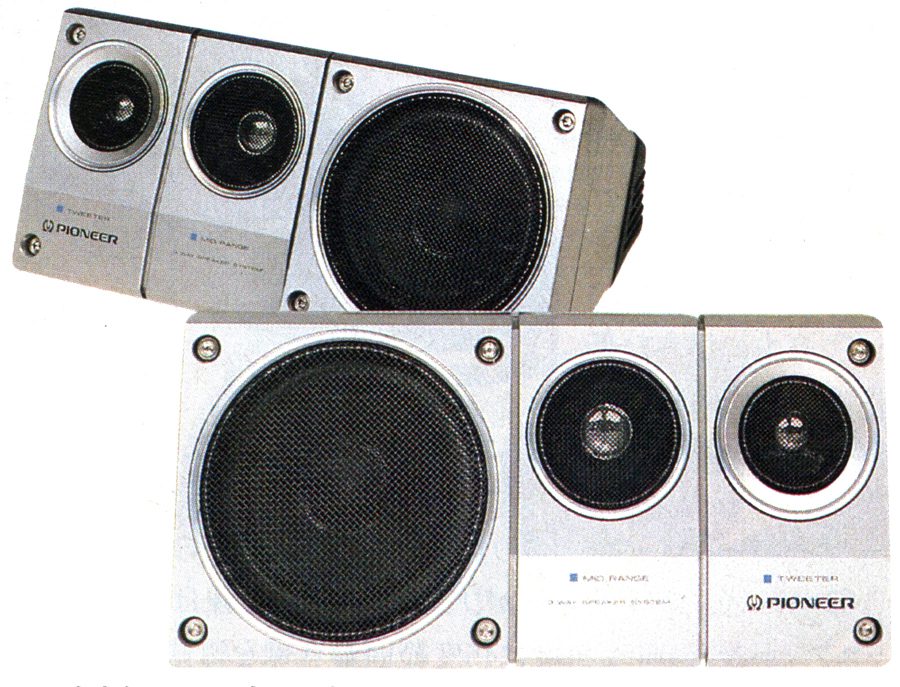 Pioneer 3-way speaker system featuring tweeter, mid-range, and woofer in silver casing. High-quality audio equipment.