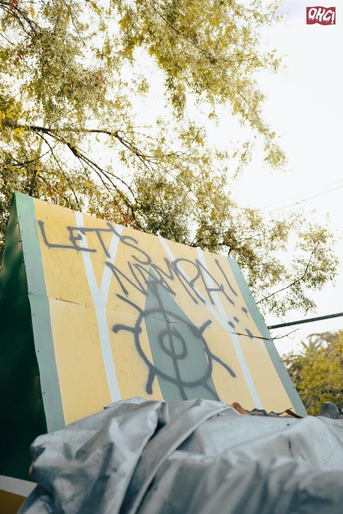 Graffiti on a painted wall with Let's Nampa! and a turtle symbol underneath a tree with dense foliage.