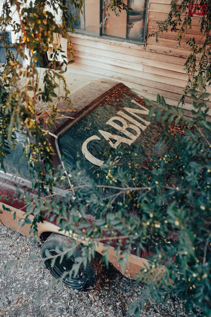 Abandoned car with 'CABIN' sign covered in dust, parked beside a wooden house surrounded by trees and foliage.