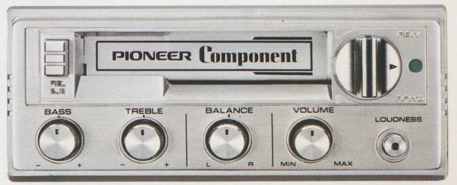 Vintage Pioneer car stereo with bass, treble, balance, volume knobs and cassette deck for component system.