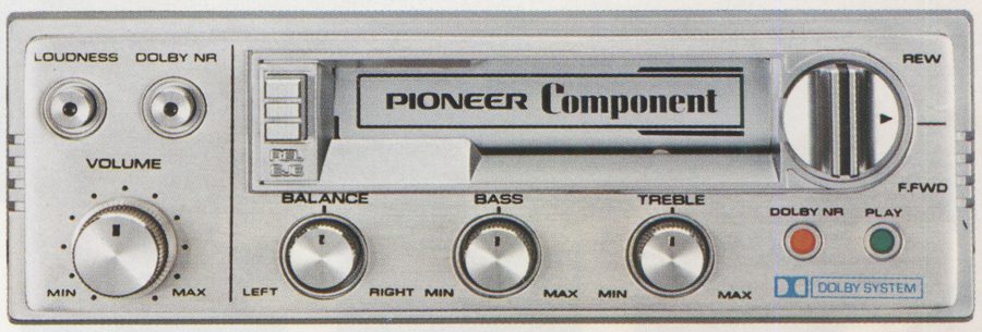 Vintage Pioneer car stereo with volume, balance, bass, treble controls, Dolby NR, loudness switch, and cassette player.