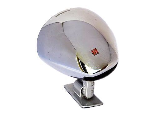 Chrome side mirror with red B logo designed for vehicles, reflecting the surrounding area, against a white background.