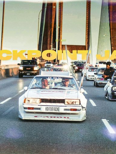 Group of modified cars driving on a Japanese bridge under the text Checkpoint Japan, setting sun in the distance.