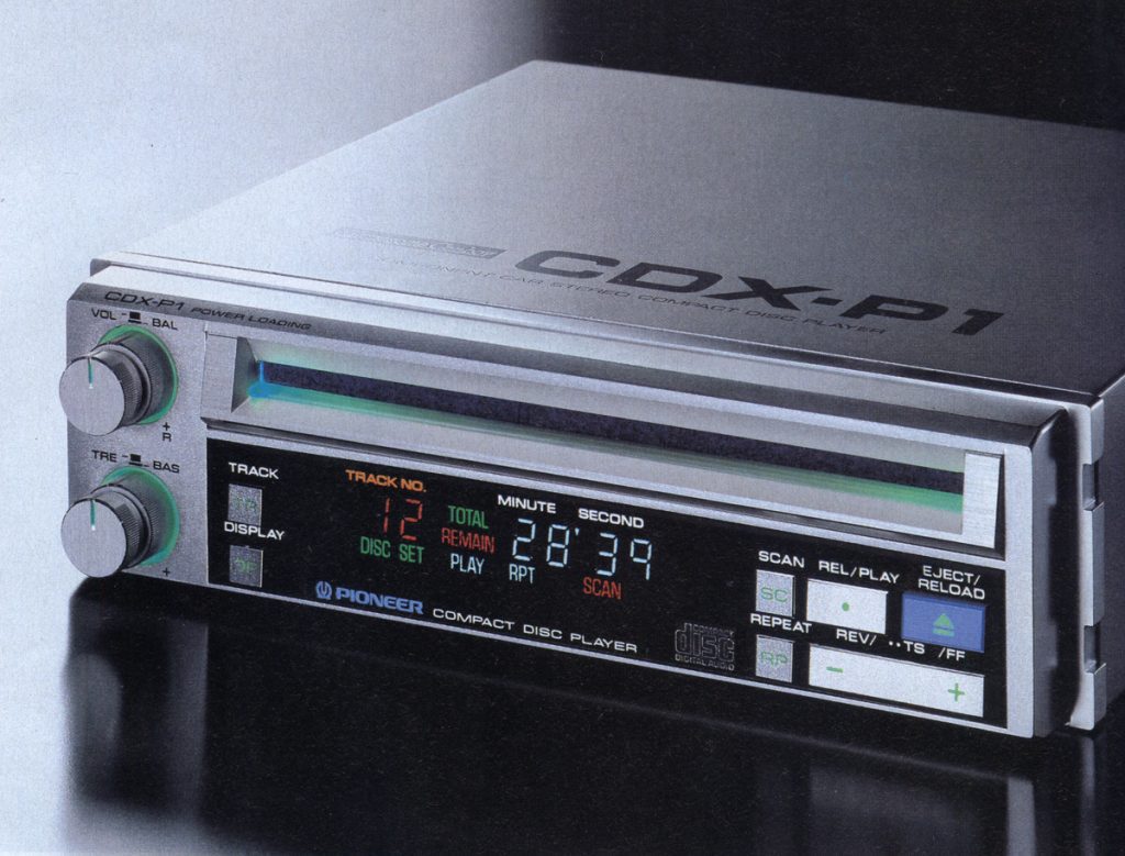 Vintage Pioneer CDX-P1 car stereo, compact disc player with digital display and control buttons, showcasing track information.