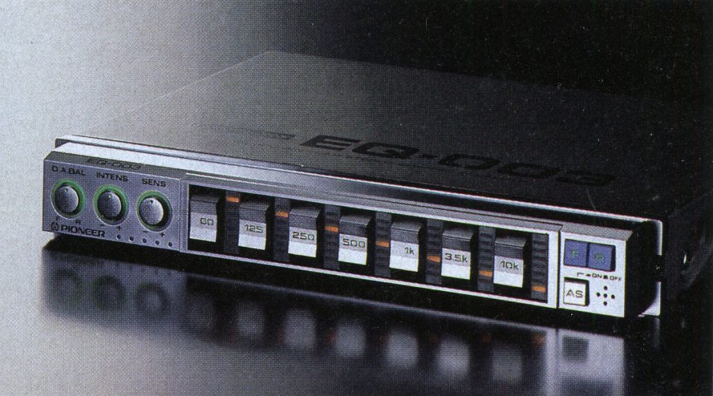 Vintage Pioneer EQ-005 stereo equalizer with frequency sliders for 60, 125, 250, 500, 1k, 3.5k, and 10k Hz, onboard controls.