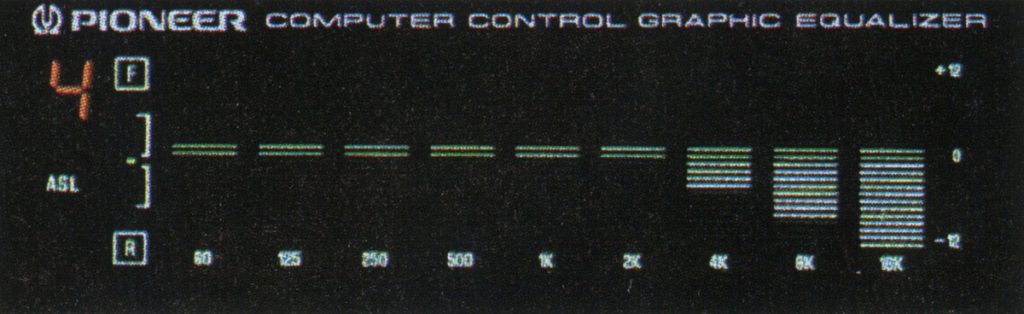 Pioneer Computer Control Graphic Equalizer display showing frequency bands from 60 Hz to 16K Hz with levels ranging from -12 to +12.