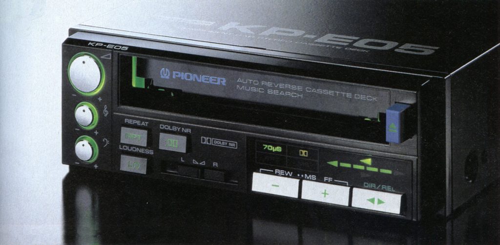 Vintage Pioneer KP-E05 auto-reverse cassette deck with Dolby NR, music search functionality, and user-friendly controls.