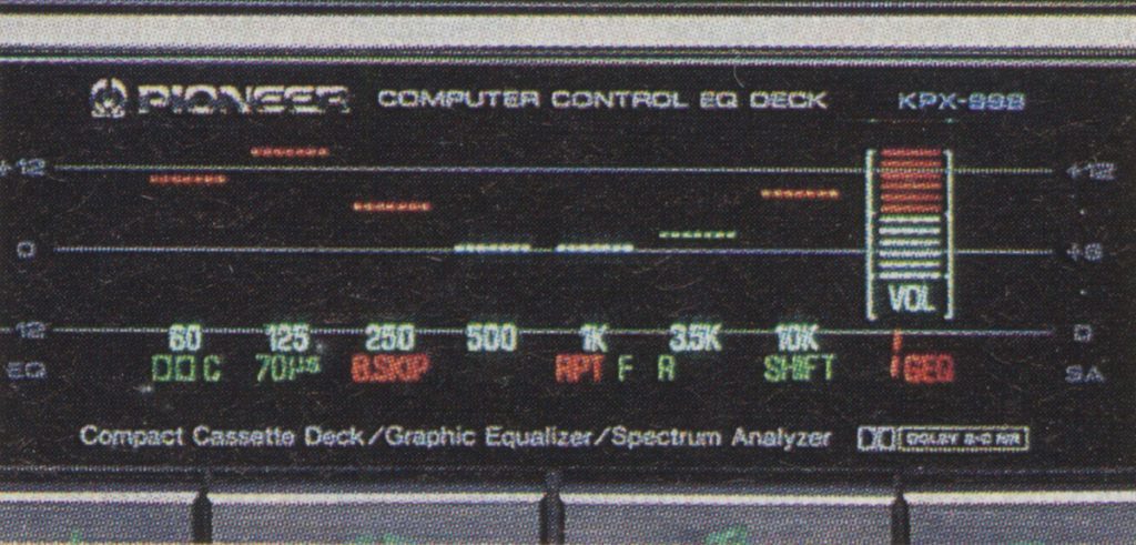 Close-up of Pioneer KPX-898 Computer Control EQ Deck with graphic equalizer and spectrum analyzer display.