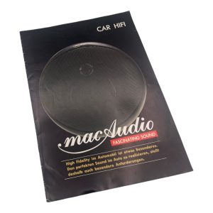 Vintage car audio speaker brochure with macAudio logo and Fascinating Sound headline.