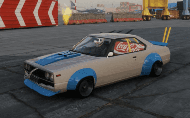 Modified vintage car with Coca-Cola banner on the side at an industrial area, painted in blue and white.